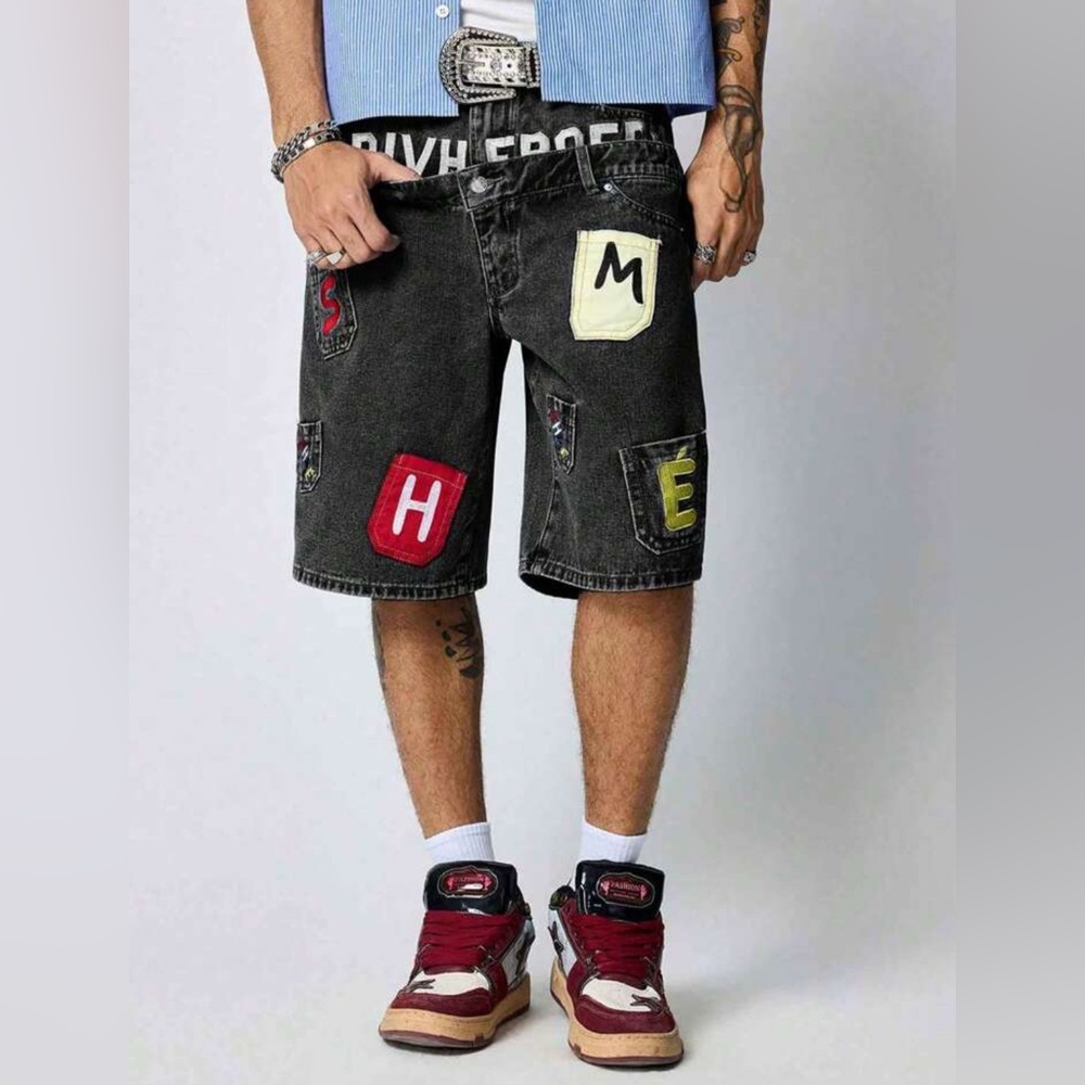 Romwe Street Life Y2K Street Pocket Embroidery Loose Fit Denim Capri Pants Small